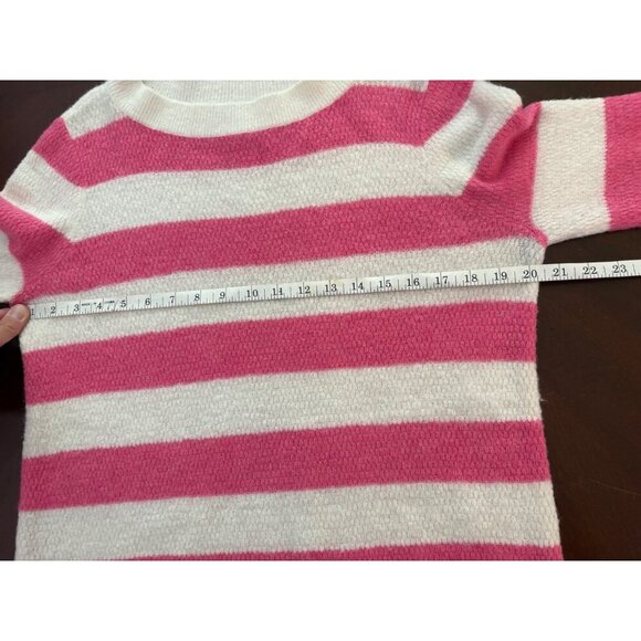 LOFT Pink and White Striped Fuzzy Warm Textured Shirttail Sweater Size Large - Picture 8 of 12